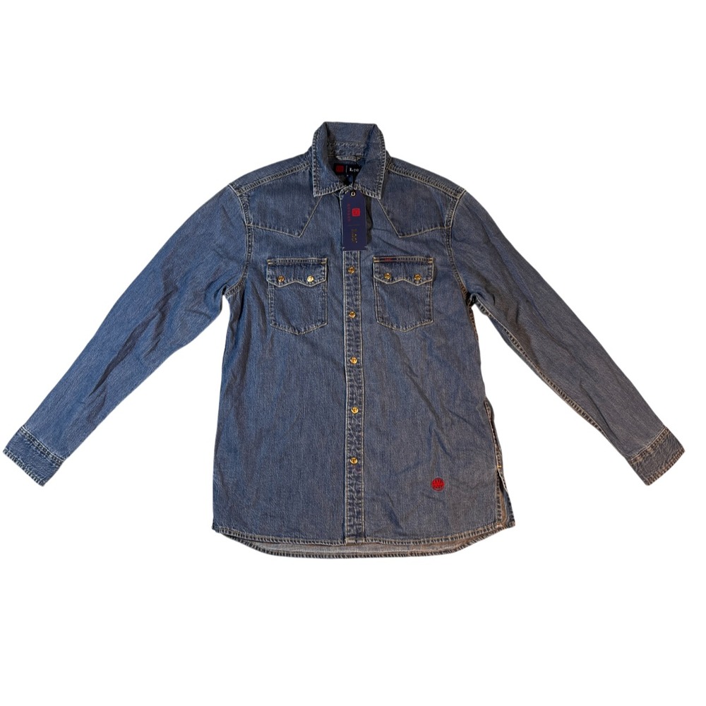 Rare Lee Blue Denim Button Up Shirt Women Size M Chinese City Crane Bird Tan